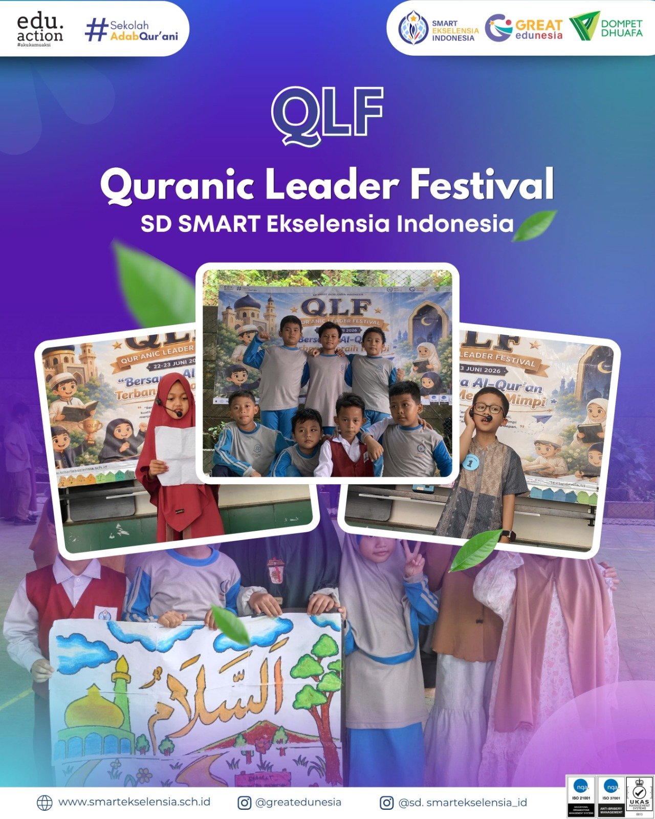 Siswa SD SMART Ekselensia Indonesia mengikuti Quranic Leader Festival (QLF) 2026 pada 22–23 Juni 2026 melalui Tasmi' Al-Qur'an dan berbagai perlombaan.
