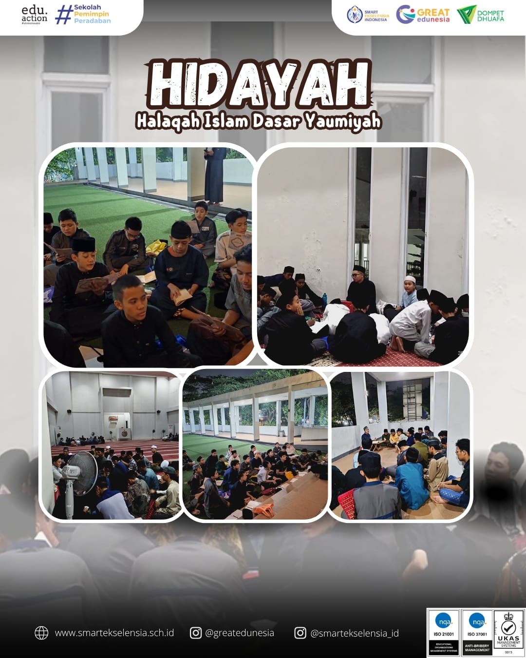 Siswa boarding SMART Ekselensia Indonesia mengikuti program HIDAYAH (Halaqah Islam Dasar Yaumiyah), kajian pekanan dan sharing session bersama wali asrama di Masjid Al-Madinah pada 1 Agustus 2026