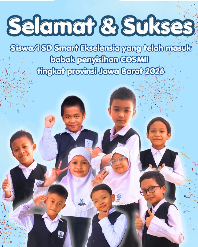 Siswa SD SMART Ekselensia Indonesia berfoto bersama saat mengikuti babak penyisihan COSMII 2026 di SMP-SMA PESAT Bogor.
